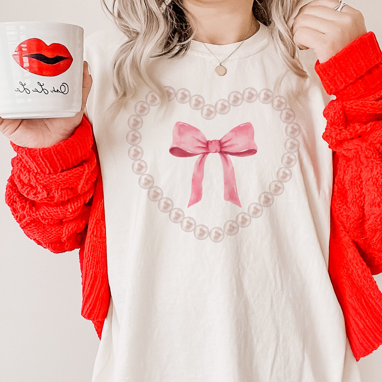 Coquette Bow Heart and Pearl Short Sleeve T-Shirt