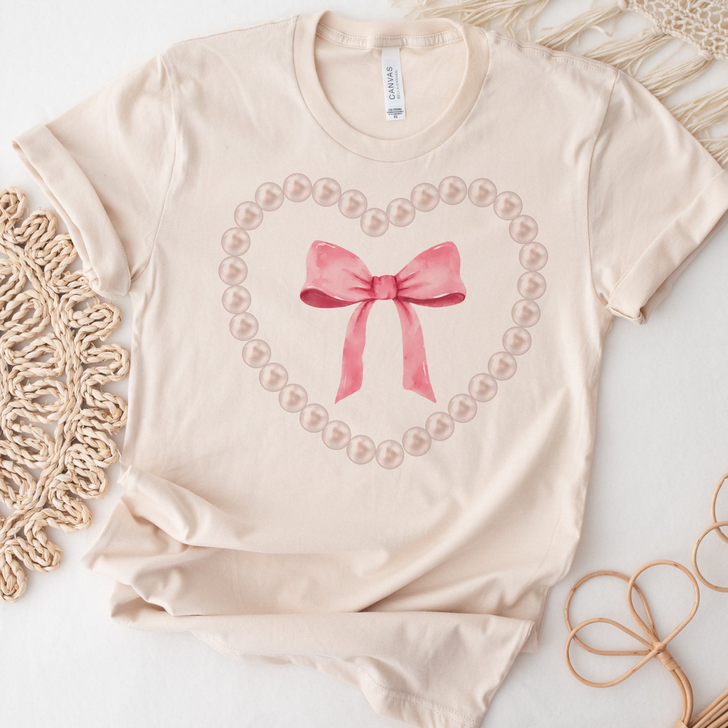 Coquette Bow Heart and Pearl Short Sleeve T-Shirt