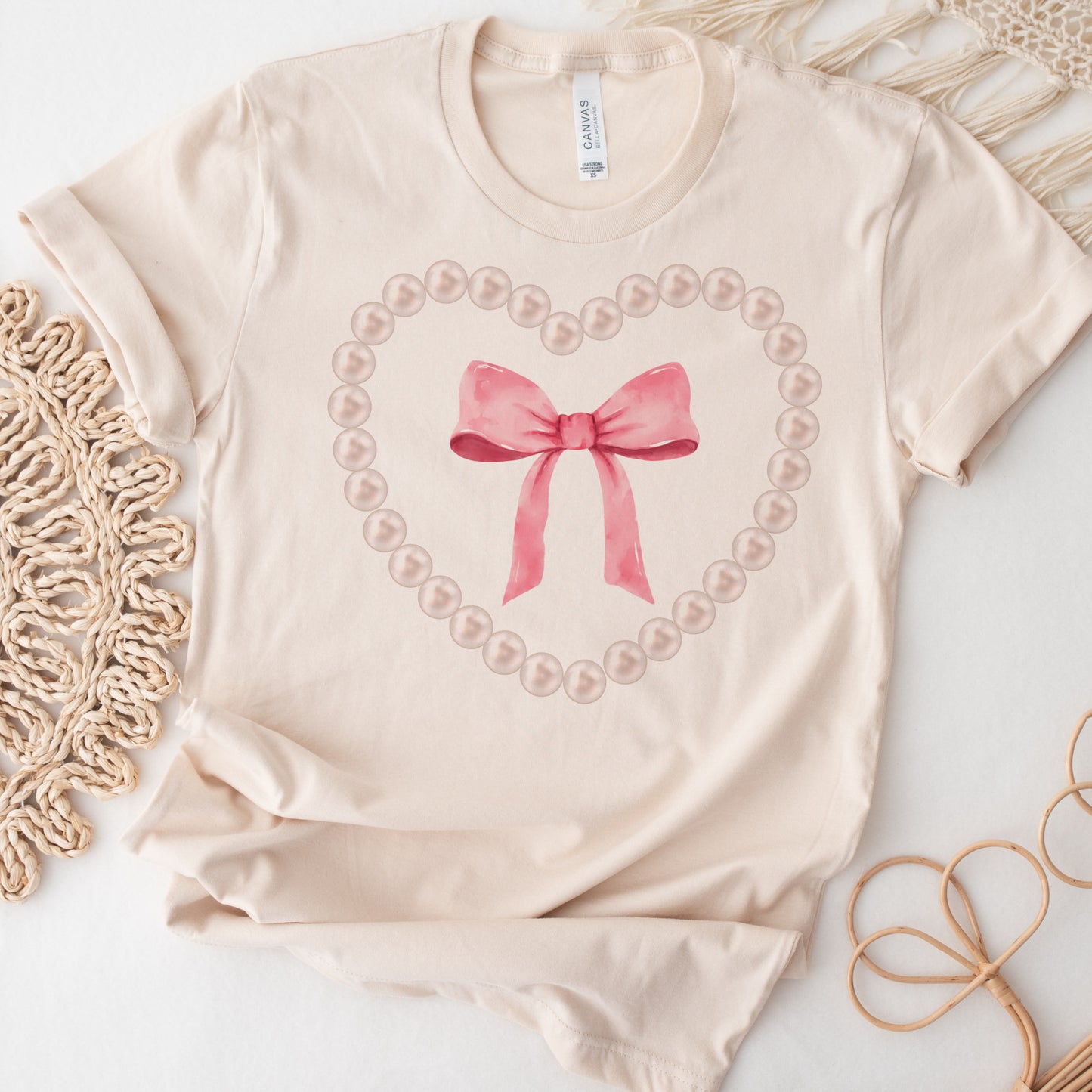 Coquette Bow Heart and Pearl  Short Sleeve T-Shirt