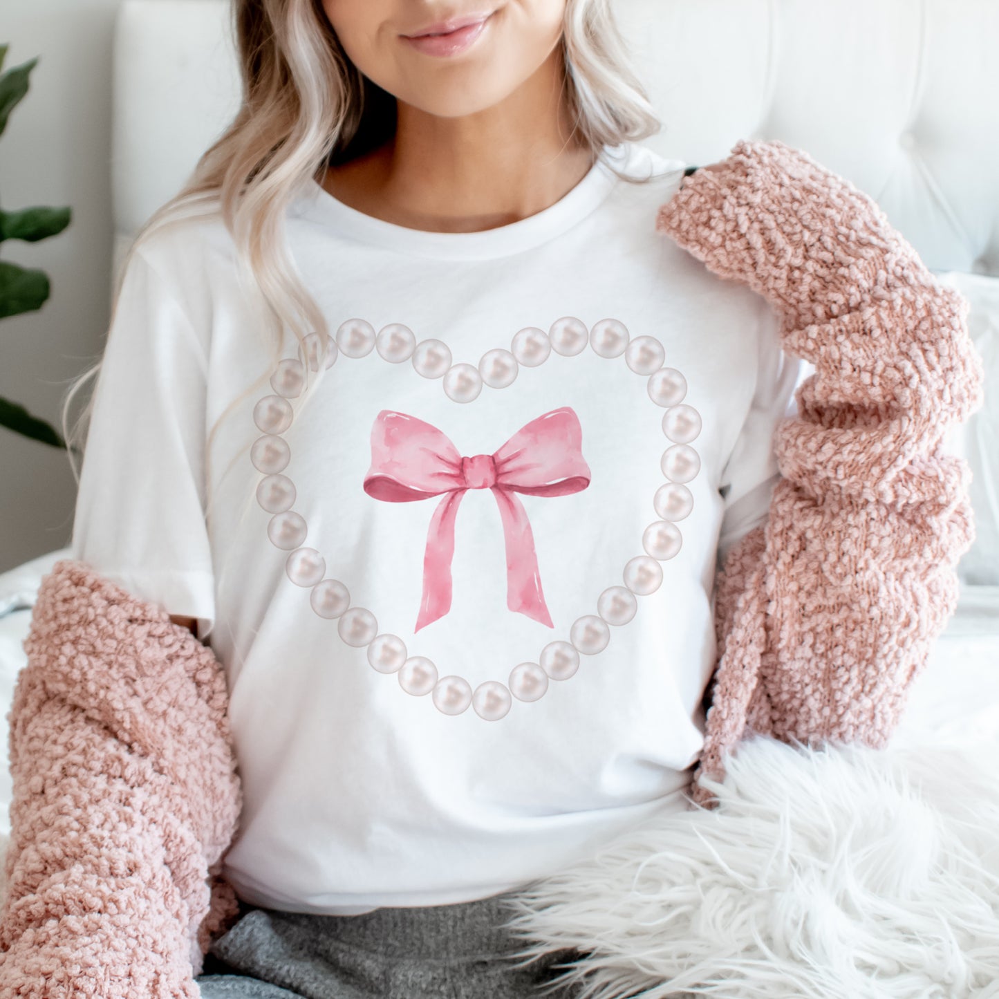 Coquette Bow Heart and Pearl Short Sleeve T-Shirt