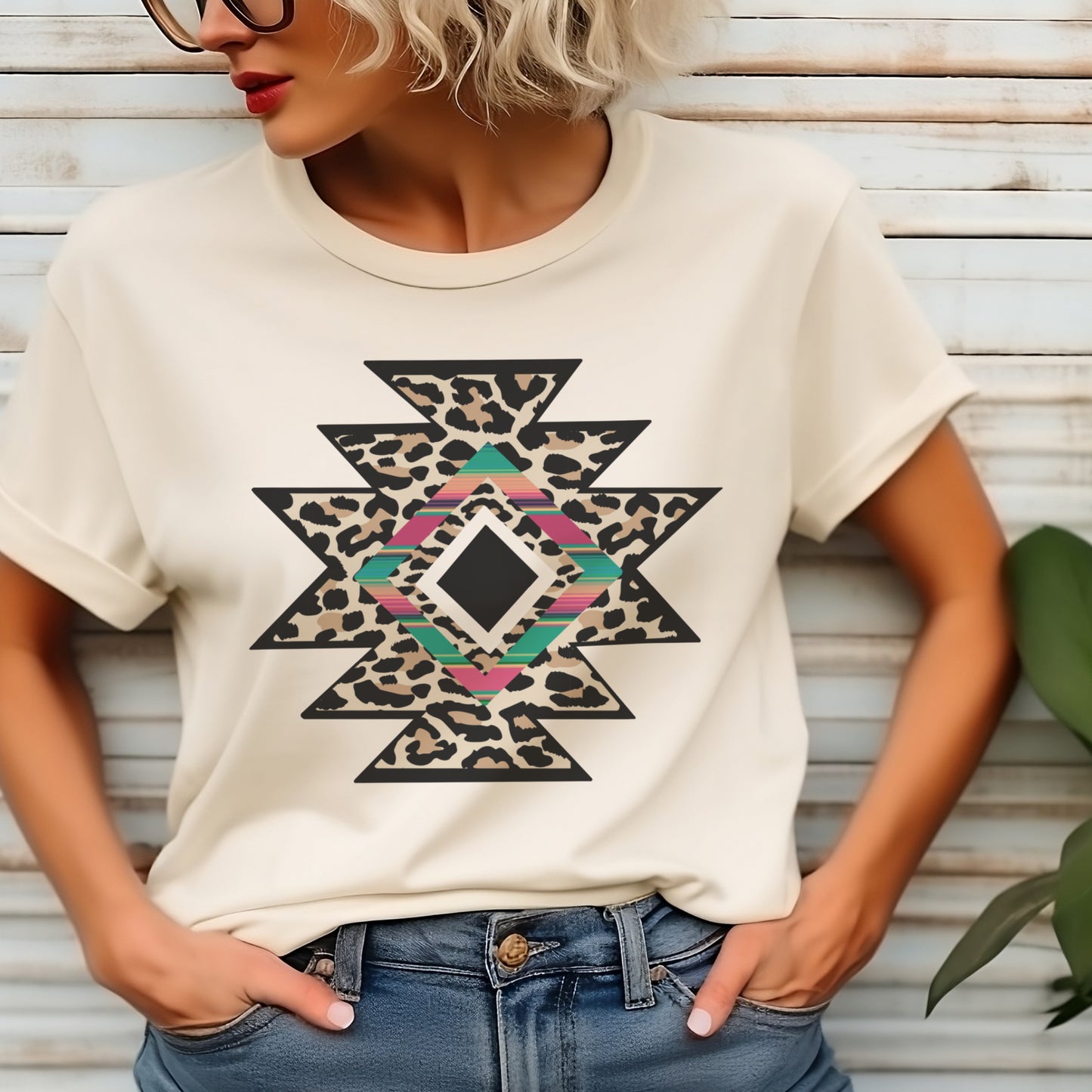 Boho Southwestern Leopard Print Mosaic Tshirt