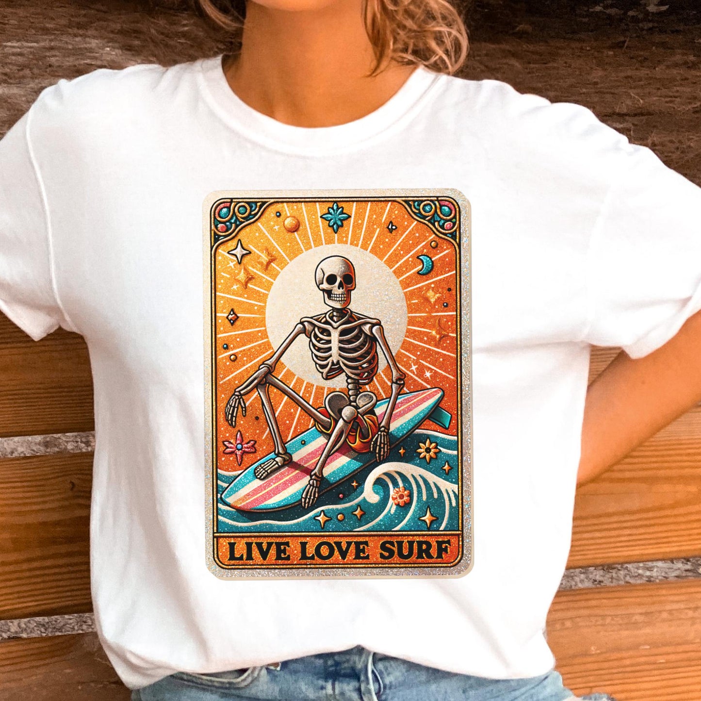 Live Love Surf Skull Tarot Tee Summer Live Love Surf Skeleton Tee Beach Tarot T-Shirt