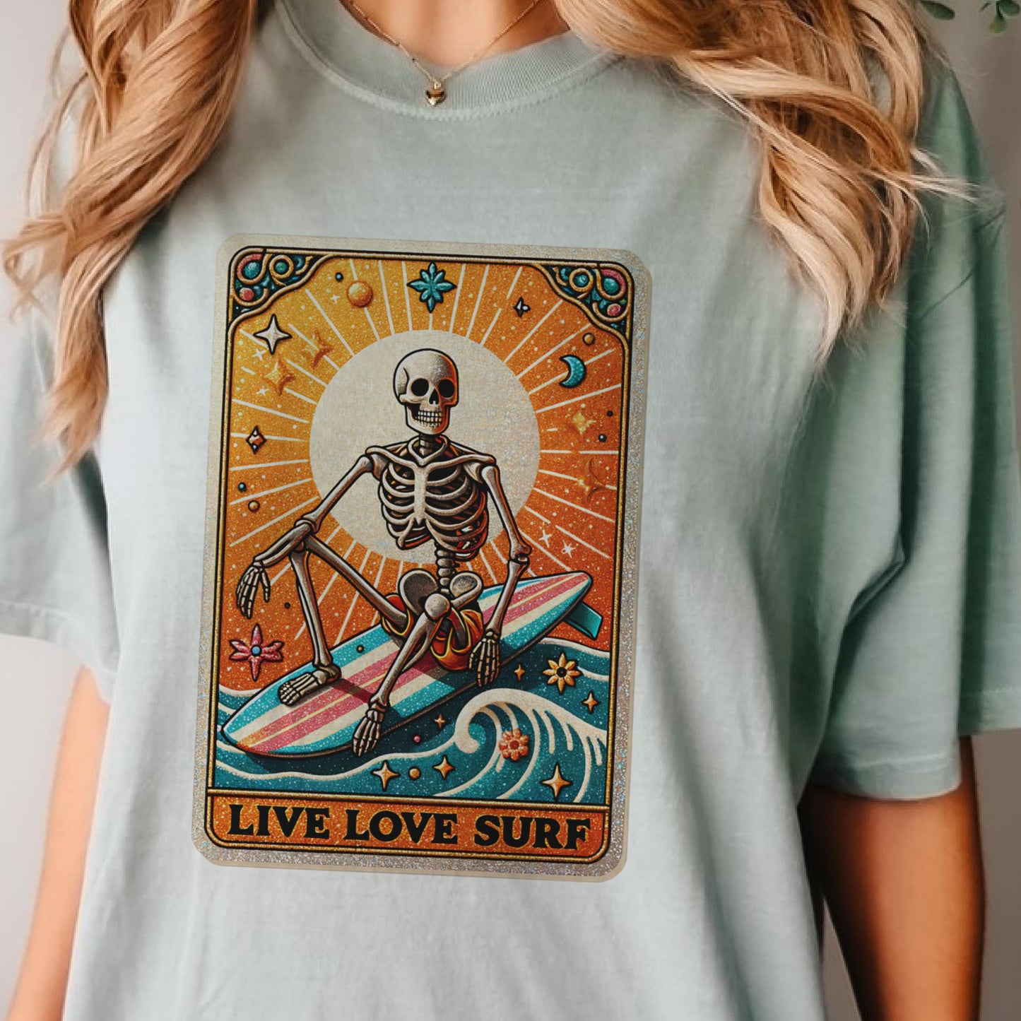 Live Love Surf Skull Tarot Tee Summer Live Love Surf Skeleton Tee Beach Tarot T-Shirt