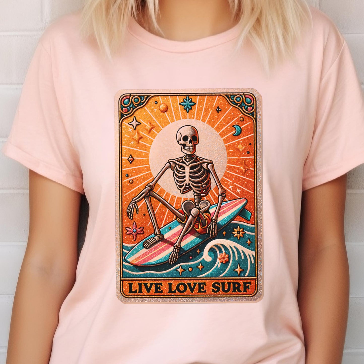 Live Love Surf Skull Tarot Tee Summer Live Love Surf Skeleton Tee Beach Tarot T-Shirt