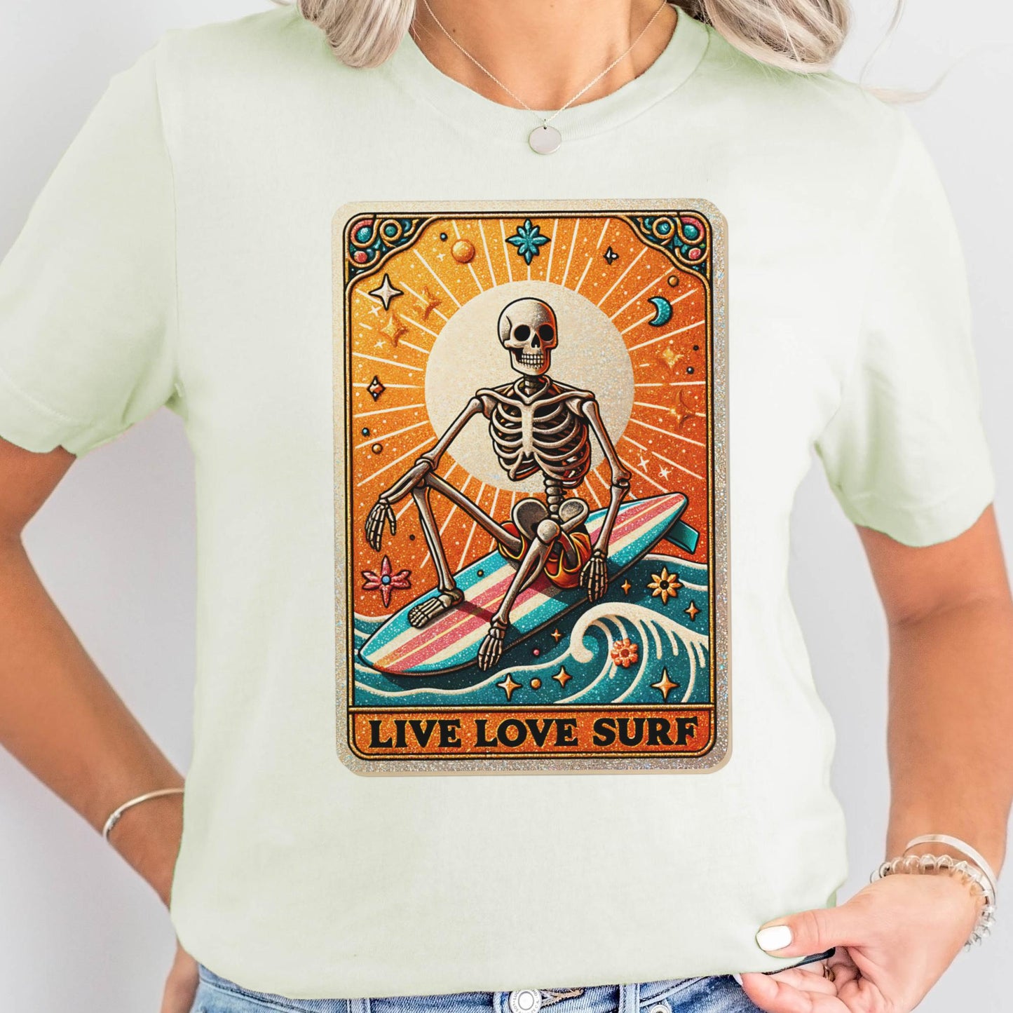 Live Love Surf Skull Tarot Tee Summer Live Love Surf Skeleton Tee Beach Tarot T-Shirt