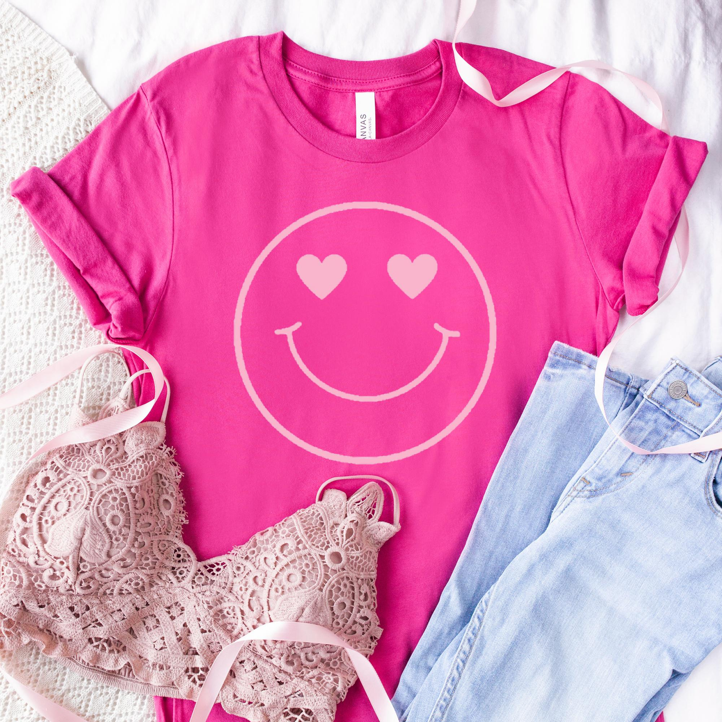 Pink Smiley Heart Eyes Short Sleeve TShirt