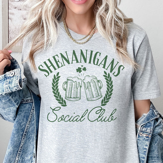 Shenanigans Social Club T-Shirt St Patricks Tshirt Lucky Tee Soft Print Shirt Social Club T-Shirt Shenanigans Funny Tshirt Sarcastic Funny Tee Sublimation Print Shirt